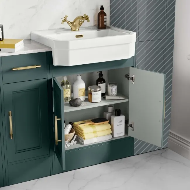 Monaco Midnight Green Combination Vanity Traditional Basin with Marble Top & Hudson Toilet with Wooden Seat 1500mm - Brass Knurled Handles