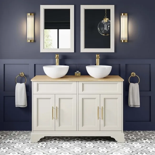 Lucia Chalk White Double Vanity with Oak Effect Top & Round Counter Top Basin 1200mm - Brass Knurled Handles