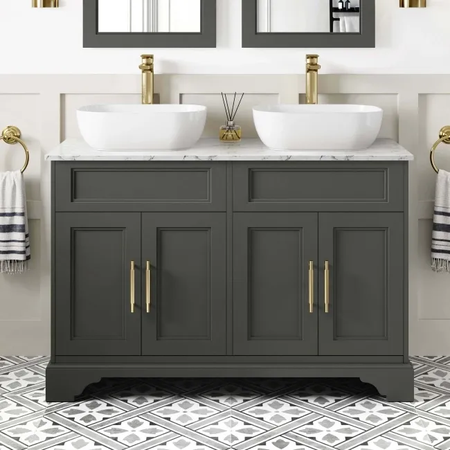 Lucia Graphite Grey Double Vanity with Marble Top & Curved Counter Top Basin 1200mm - Brass Knurled Handles