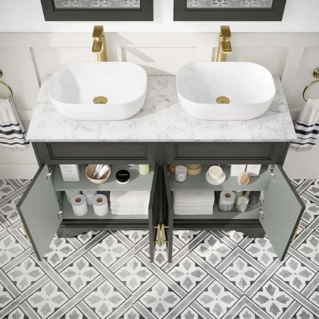 Lucia Graphite Grey Double Vanity with Marble Top & Curved Counter Top Basin 1200mm - Brass Knurled Handles