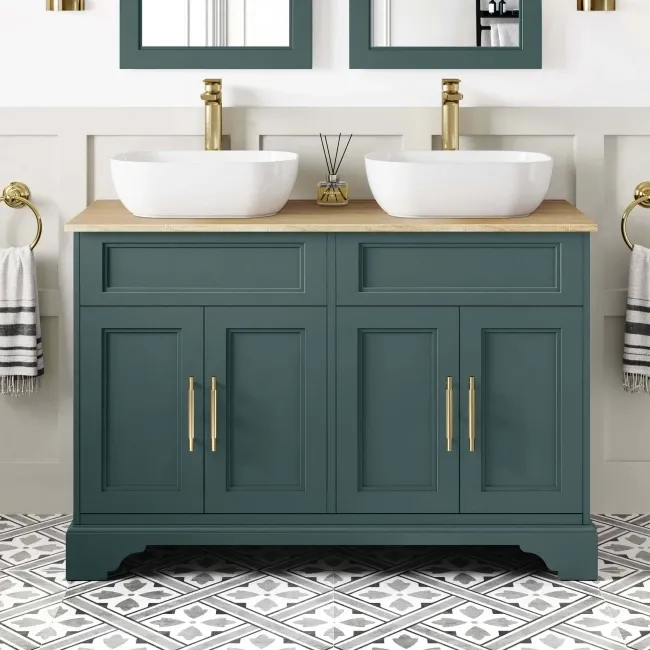 Lucia Midnight Green Double Vanity with Oak Effect Top & Curved Counter Top Basin 1200mm - Brass Knurled Handles
