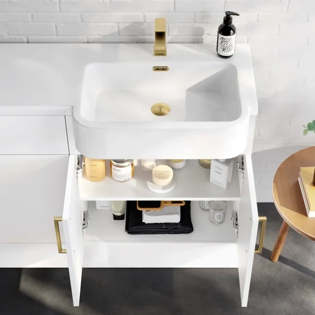 Harper Gloss White Combination Vanity Basin and Boston Toilet 1200mm - Brushed Brass Accents - Right Handed