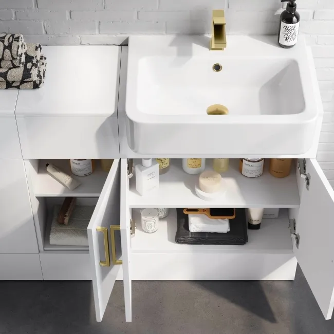 Harper Gloss White Combination Vanity Basin and Boston Toilet 1500mm - Brushed Brass Accents