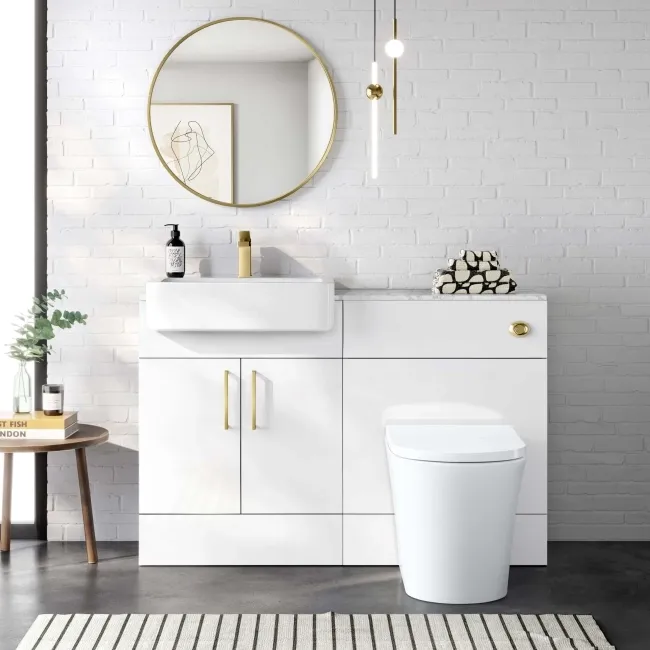 Harper Gloss White Combination Vanity Basin with Marble Top & Tucson Toilet 1200mm - Brushed Brass Accents