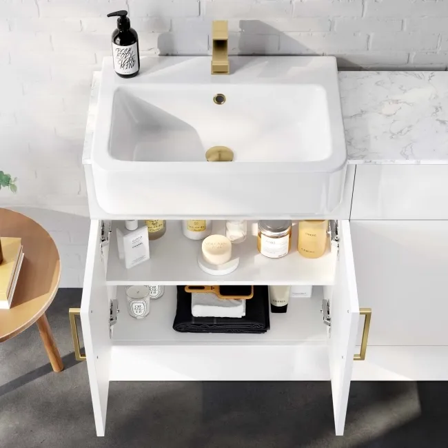 Harper Gloss White Combination Vanity Basin with Marble Top & Houston Toilet 1200mm - Brushed Brass Accents