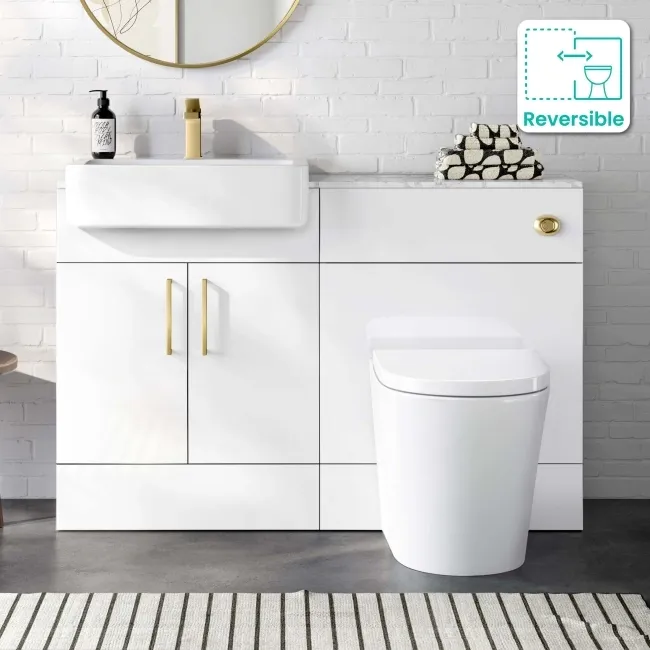 Harper Gloss White Combination Vanity Basin with Marble Top & Boston Toilet 1200mm - Brushed Brass Accents