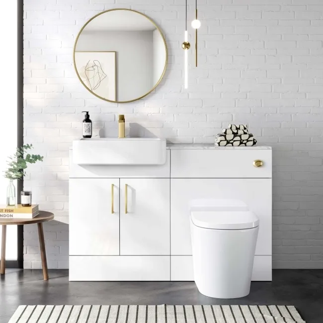 Harper Gloss White Combination Vanity Basin with Marble Top & Boston Toilet 1200mm - Brushed Brass Accents