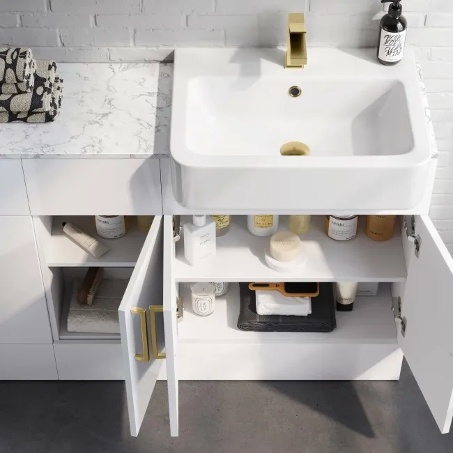 Harper Gloss White Combination Vanity Basin with Marble Top 1500mm (Excludes Toilet) - Brushed Brass Accents