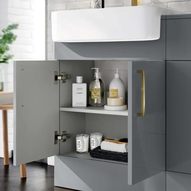 Harper Stone Grey Vanity with Semi Recessed Basin 600mm -Brushed Brass Accents