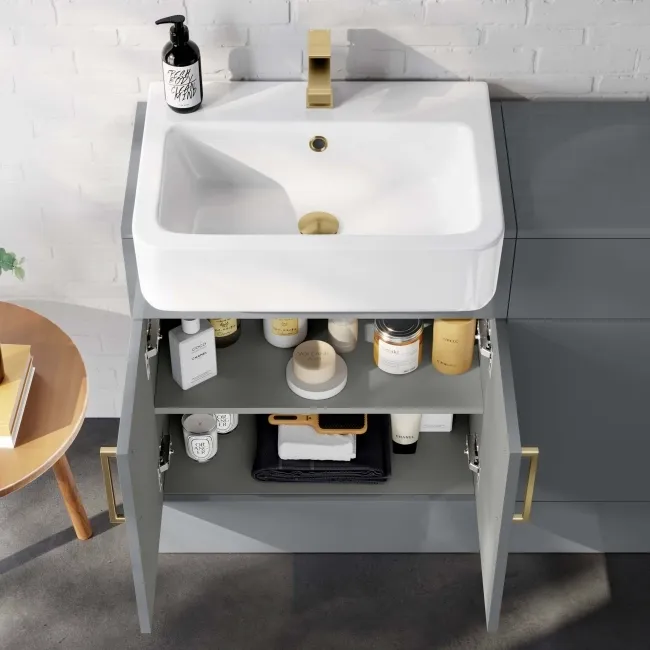 Harper Stone Grey Vanity with Semi Recessed Basin 600mm -Brushed Brass Accents