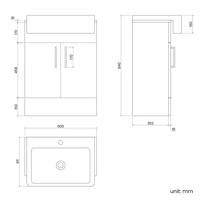Harper Stone Grey Vanity with Semi Recessed Basin 600mm -Brushed Brass Accents