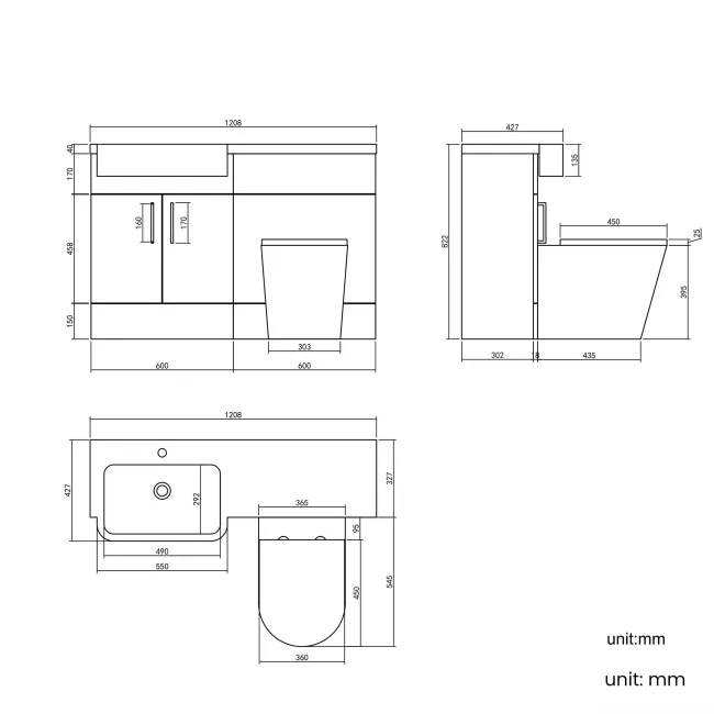 Harper Stone Grey Combination Vanity Basin and Boston Toilet 1200mm - Brushed Brass Accents - Left Handed