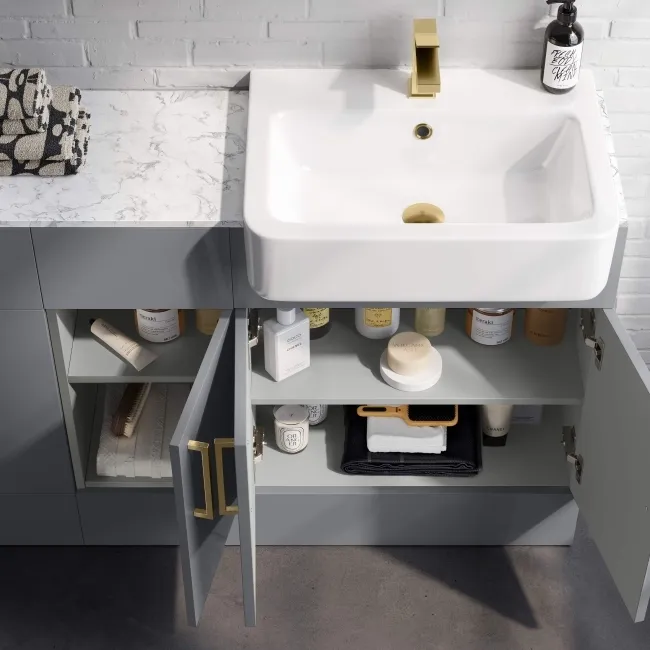 Harper Stone Grey Combination Vanity Basin with Marble Top 1500mm (Excludes Toilet) - Brushed Brass Accents