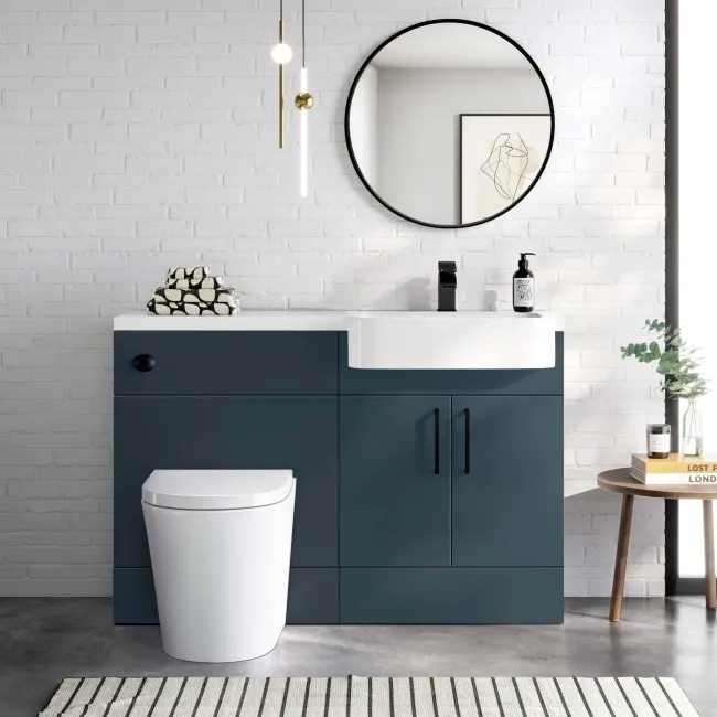Harper Navy Blue Combination Vanity Basin and Boston Toilet 1200mm - Black Accents - Right Handed