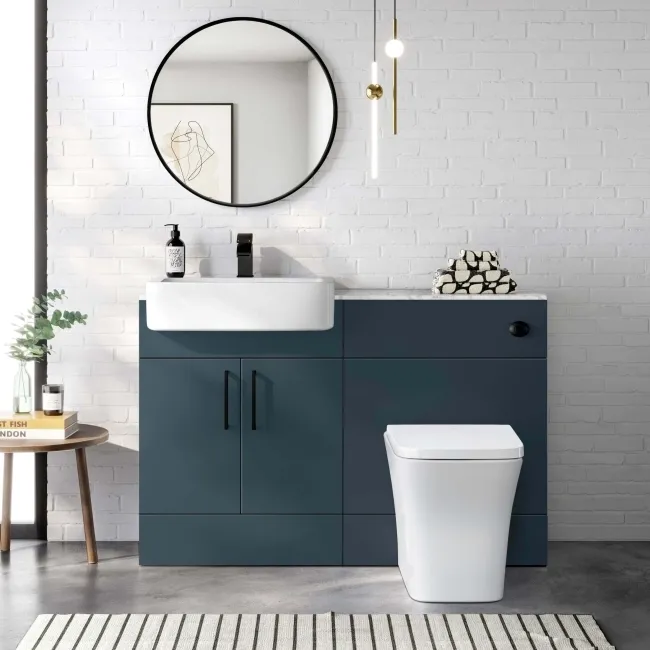 Harper Navy Blue Combination Vanity Basin with Marble Top & Houston Toilet 1200mm - Black Accents