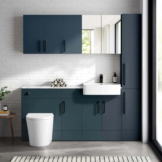 Harper Navy Blue Combination Vanity Basin with Marble Top & Boston Toilet 1500mm - Black Accents