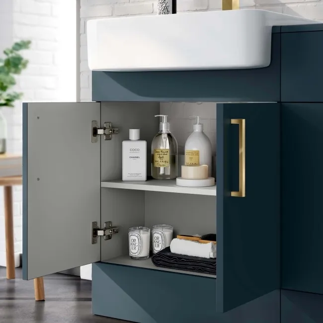 Harper Navy Blue Vanity with Semi Recessed Basin 600mm - Brushed Brass Accents