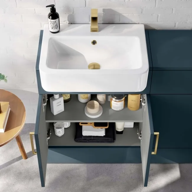 Harper Navy Blue Vanity with Semi Recessed Basin 600mm - Brushed Brass Accents