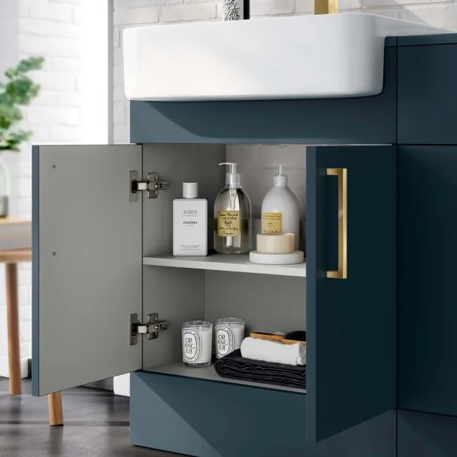 Harper Navy Blue Combination Vanity Basin and Boston Toilet 1200mm - Brushed Brass Accents