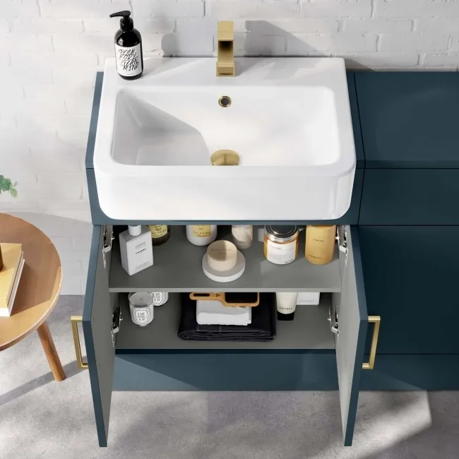 Harper Navy Blue Combination Vanity Basin and Boston Toilet 1200mm - Brushed Brass Accents