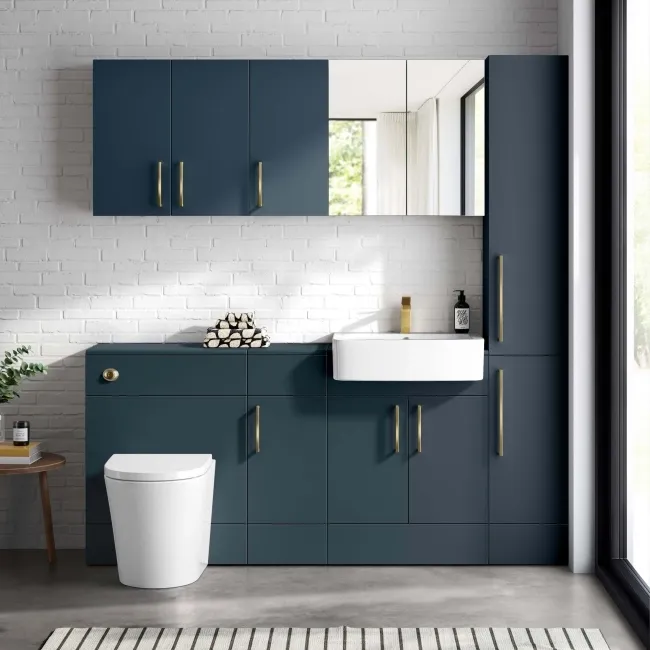 Harper Navy Blue Combination Vanity Basin and Boston Toilet 1500mm - Brushed Brass Accents
