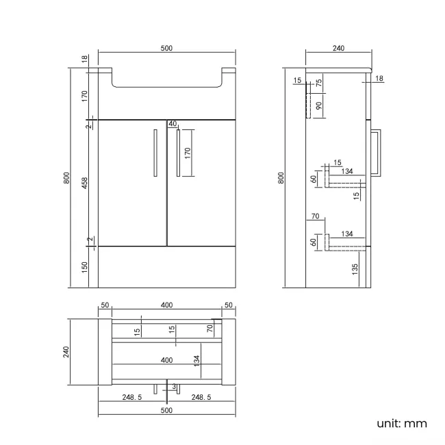 Harper Stone Grey Vanity with Semi Recessed Basin 500mm - Brushed Brass Accents