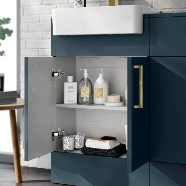 Harper Navy Blue Vanity with Semi Recessed Basin 500mm - Brushed Brass Accents