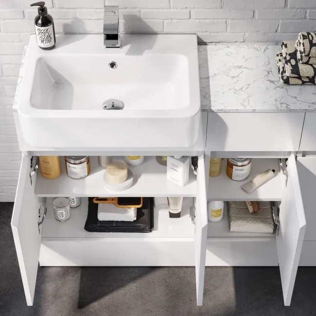 Foster Gloss White Combination Vanity Basin with Marble Top 1500mm - Excludes Toilet