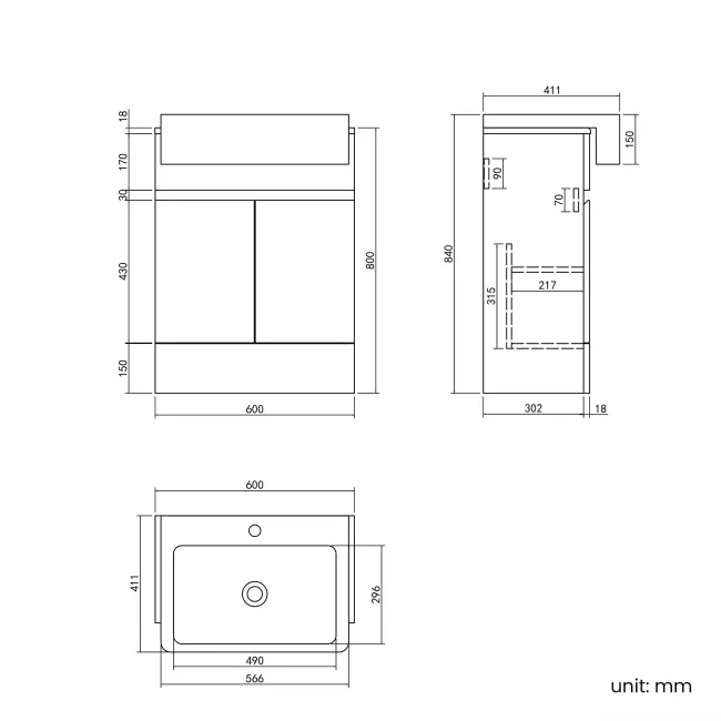 Foster Tungsten Grey Vanity with Semi Recessed Basin 600mm