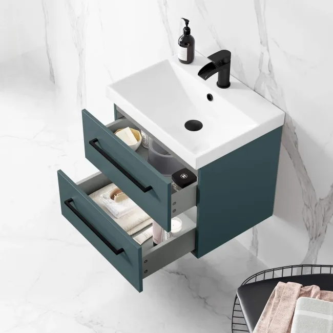 Elba Midnight Green Wall Hung Basin Drawer Vanity 500mm - Black Accents