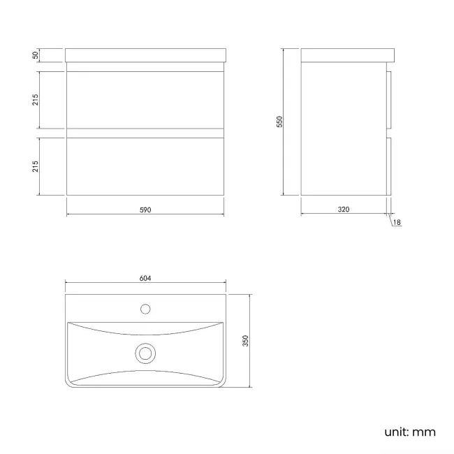 Corsica Inky Blue Wall Hung Slimline Basin Drawer Vanity 600mm