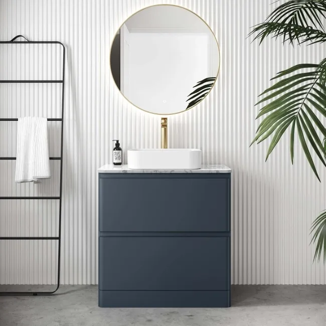 Corsica Inky Blue Vanity Drawer with Marble Top & Marin Basin 800mm