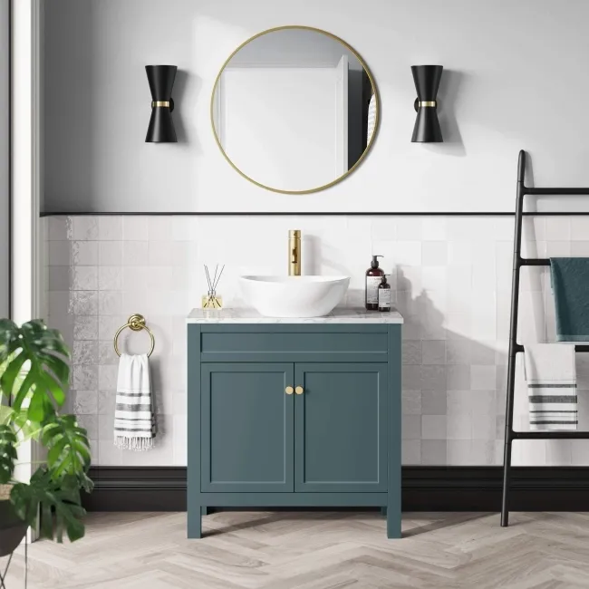 Bermuda Midnight Green Vanity with Marble Top & Oval Counter Top Basin 800mm - Brushed Brass Accents