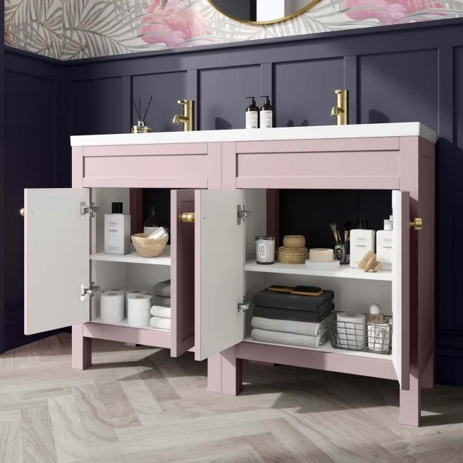 Bermuda Cashmere Pink Double Basin Vanity 1200mm - Brushed Brass Accents
