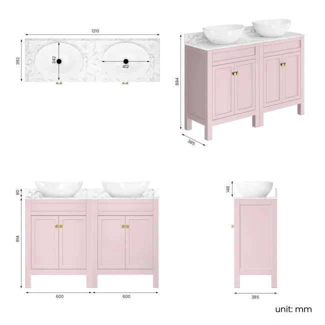 Bermuda Cashmere Pink Vanity with Marble Top & Oval Counter Top Basin 1200mm - Brushed Brass Accents