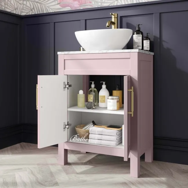 Bermuda Cashmere Pink Vanity with Marble Top & Oval Counter Top Basin 600mm - Brass Knurled Handles