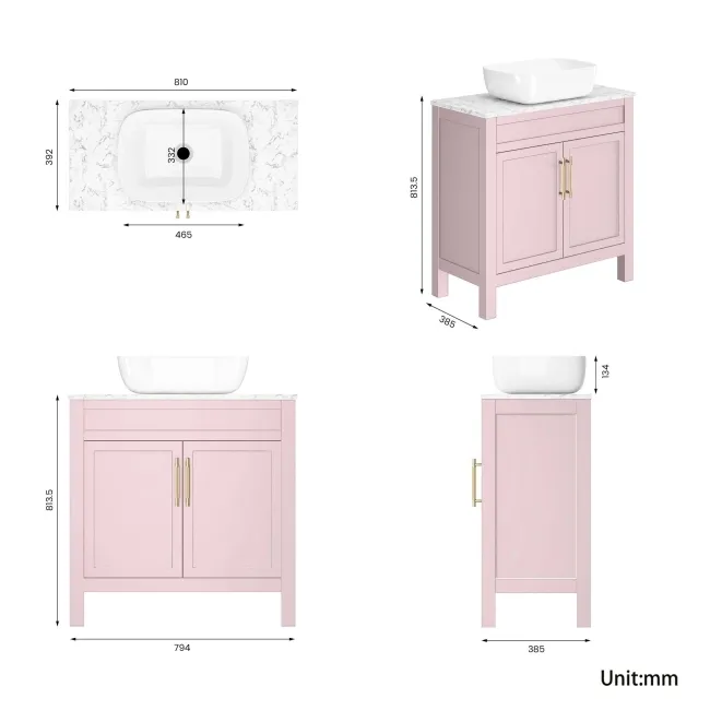Bermuda Cashmere Pink Vanity with Marble Top & Curved Counter Top Basin 800mm - Brass Knurled Handles