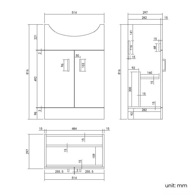 Quartz Gloss White Vanity with Semi Recessed Basin 550mm