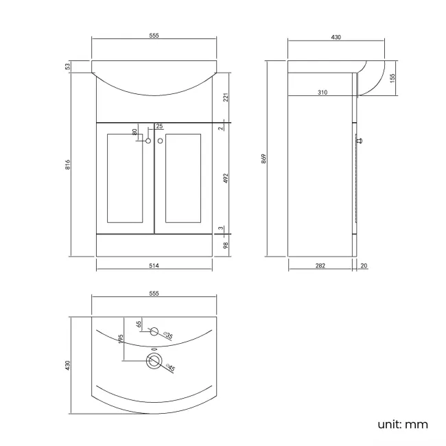 Capri Fog Grey Vanity with Semi Recessed Basin 550mm - Chrome Handles