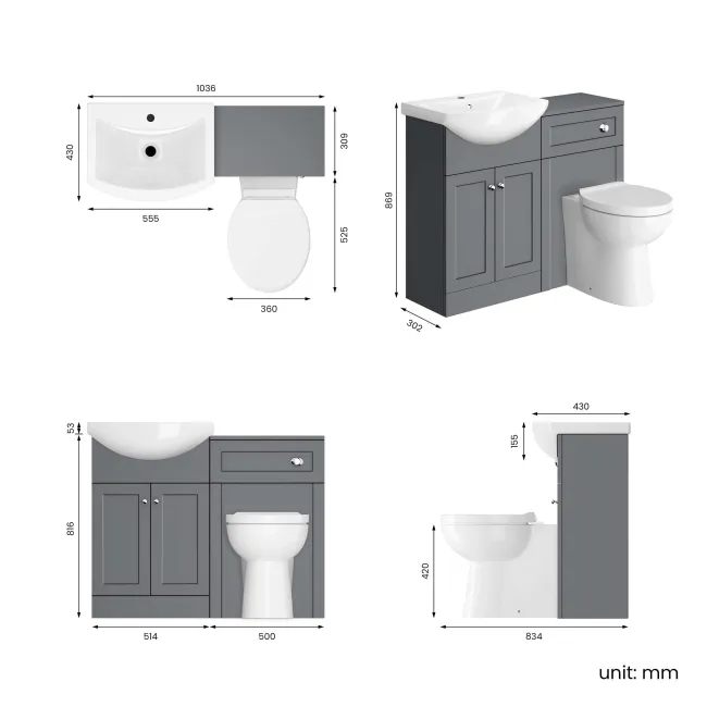 Capri Fog Grey Combination Vanity Basin and Austin Toilet 1050mm - Chrome Handles