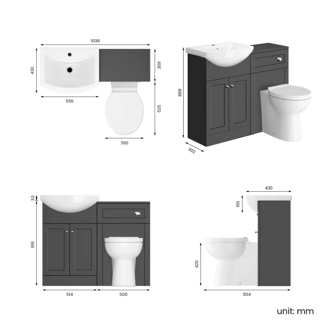 Capri Slate Grey Combination Vanity Basin and Austin Toilet 1050mm - Chrome Handles