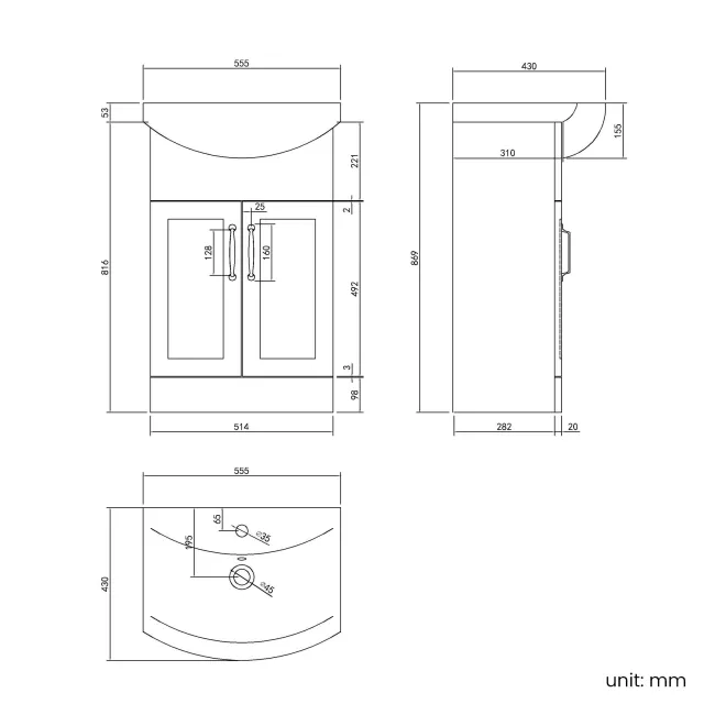 Capri Slate Grey Vanity with Semi Recessed Basin 550mm - Traditional Handles