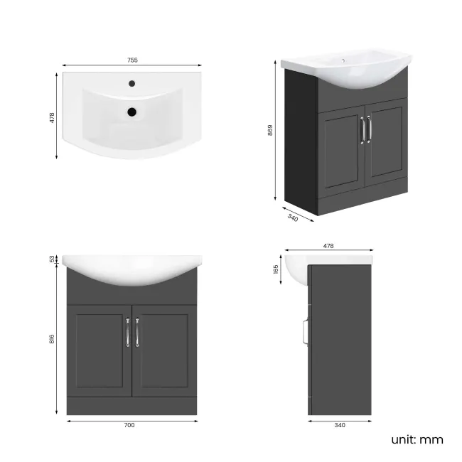 Capri Slate Grey Vanity with Semi Recessed Basin 750mm - Traditional Handles