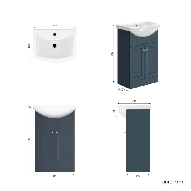 Capri Navy Blue Vanity with Semi Recessed Basin 550mm - Brushed Handles