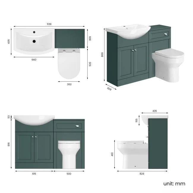 Capri Mystic Green Combination Vanity Basin and Miami Toilet 1150mm - Chrome Handles