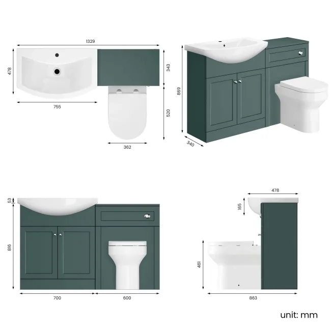 Capri Mystic Green Combination Vanity Basin and Miami Toilet 1350mm - Chrome Handles