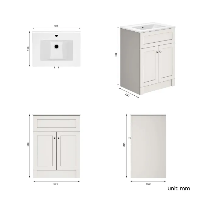 Milos Cotton White Basin Vanity 600mm - Brushed Handles