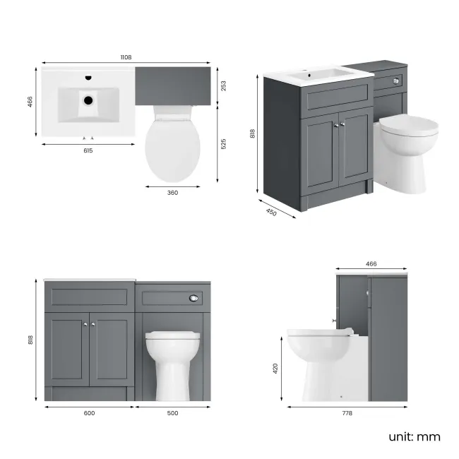 Milos Fog Grey Combination Vanity Basin and Austin Toilet 1100mm - Chrome Handles