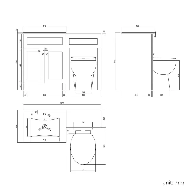 Milos Fog Grey Combination Vanity Basin and Austin Toilet 1100mm - Chrome Handles