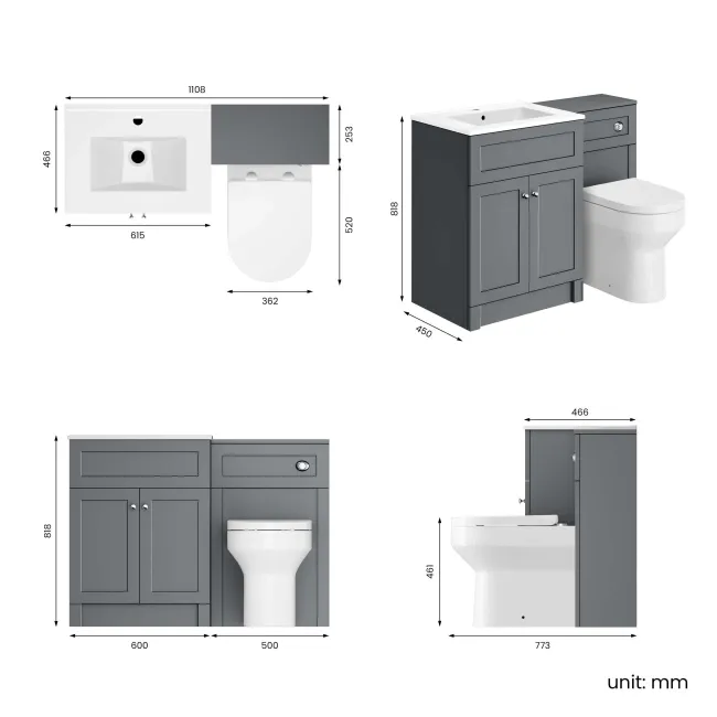 Milos Fog Grey Combination Vanity Basin and Miami Toilet 1100mm - Chrome Handles